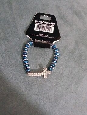 Crystal Rhinestone Cross Stretch Bracelet - Blue